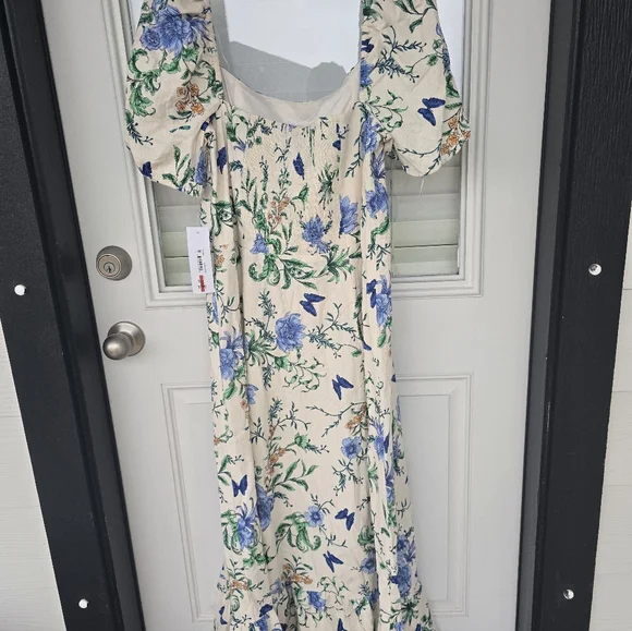 London Times Linen Blend Floral-Print Puff-Sleeve Midi Dress Sz 16 Smocked Back - Picture 12 of 15